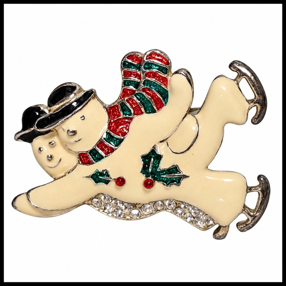 Vintage Style Skating Snowmen Enamel Rhinestone Christmas Brooch Pin Silver Tone